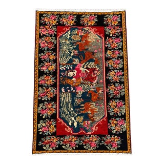 Vintage Karabagh Pictorial Rug 5x8 – Folk Art Rug With Girl & Deer – Handwoven Wool Tapestry Rug For Sale