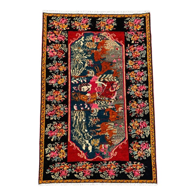 Vintage Karabagh Pictorial Rug 5x8 – Folk Art Rug With Girl & Deer – Handwoven Wool Tapestry Rug For Sale