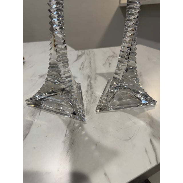 Metal 24% Lead Crystal Unique Triangle Eiffel Tower Shape Candle Holder Candlesticks For Sale - Image 7 of 8