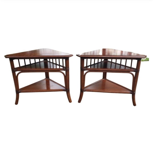 Ethan Allen Rattan Mahogany and Walnut Side Tables or Corner Tables, a
