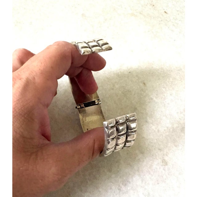 1980s Sterling Silver, Large Solid Mexican Taxco Hinged Cuff Bracelet For Sale - Image 4 of 7