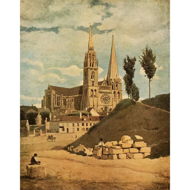 An excellent full color offset lithograph print after oil painting "The Chartres Cathedral" by J.B.-Camille Corot. Comes...