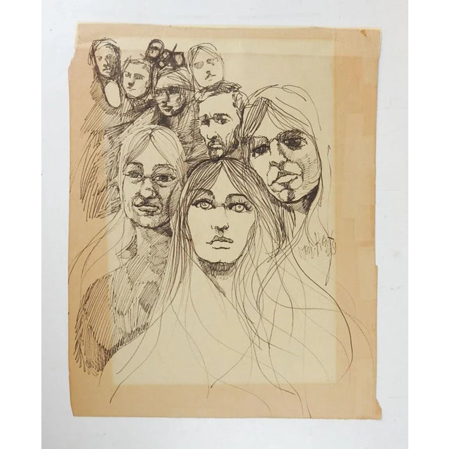 Mid-Century Modern Vintage Mid 20th Century Jacque Von Honts Faces Drawing For Sale - Image 3 of 4