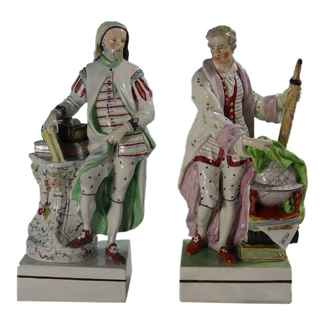 Pair Ralph Wood Staffordshire Pearlware Figures Chaucer & Newton For Sale