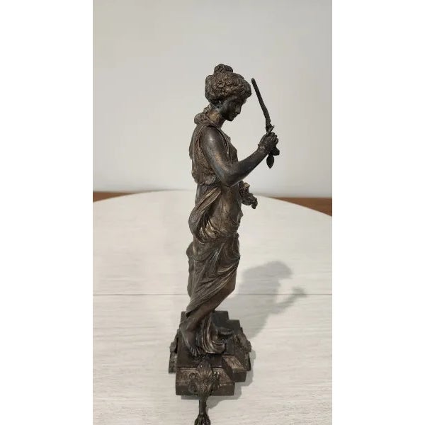 French Provincial Elegant 19th Century Neoclassical Spelter Statue of Woman With Grapes, Bronze Patina, 18" Tall For Sale - Image 3 of 8