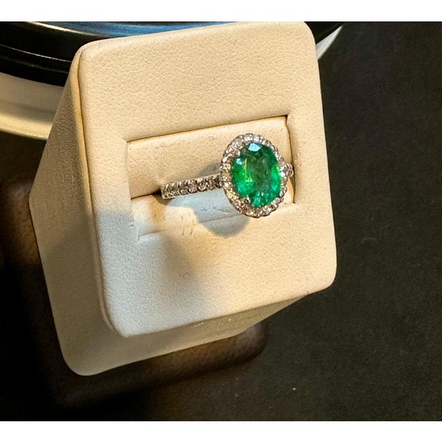 Metal 6x8mm Oval Cut Natural Emerald & 1 Ct Natural Diamond Halo Engagement Ring For Sale - Image 7 of 8