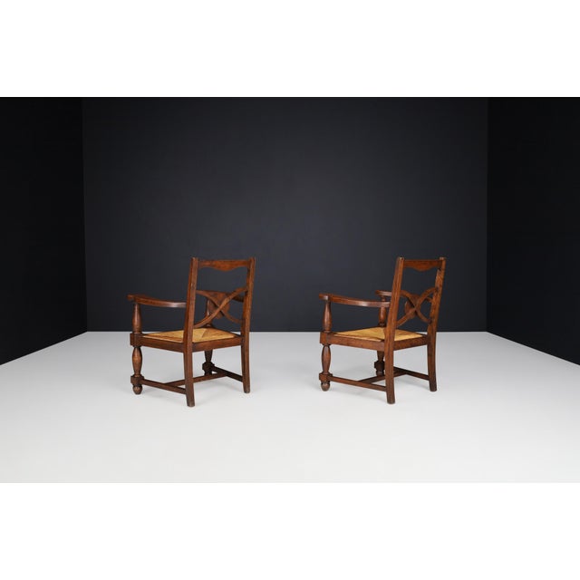 Gold French Art Deco Armchairs in Oak and Rush, 1930s, Set of 2 For Sale - Image 8 of 14