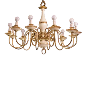 Large 12 Lights Art Deco Brass and Ceramic Chandelier, 1950s