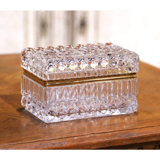Keep jewelry, keepsakes, or other small valuables in this elegant antique cut-glass box. Crafted in France circa 1920 in...