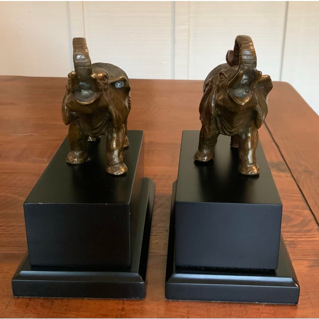 1960s Pair Bronze Elephant (Trunk Up) Bookends on Black Base for Palm Beach Regency, Ralph Lauren Style & More - See Inspiration Photos! For Sale - Image 5 of 9