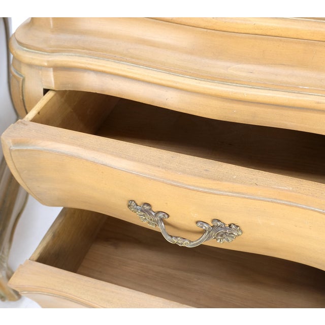 Tan Bombe White Wash Pickled Burl Wood Night Stands End Tables Brass Pulls - A Pair For Sale - Image 8 of 12