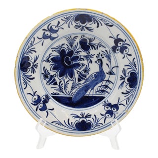 Late 18th Century Dutch Delft Peacock Motif Blue & White Plate For Sale