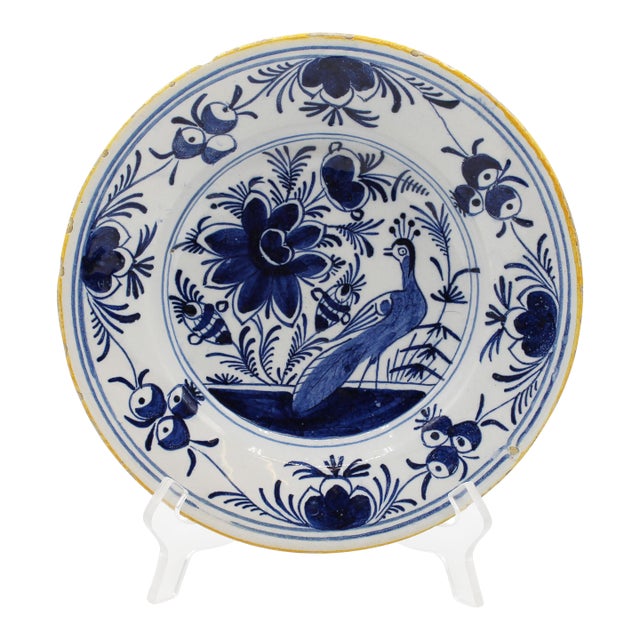 Late 18th Century Dutch Delft Peacock Motif Blue & White Plate For Sale