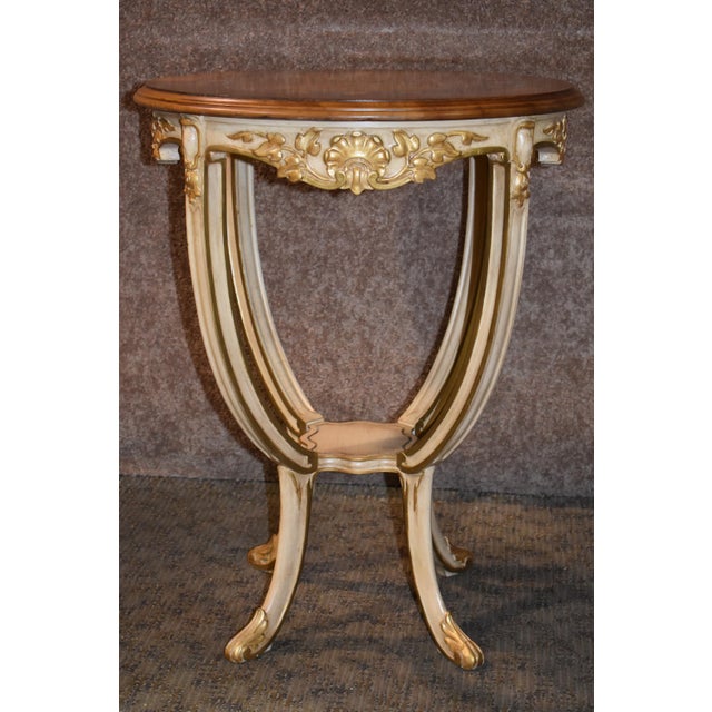 Antique Carved & Inlaid Round French Provincial Table W/Gold Highlights