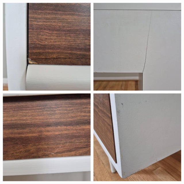 1970s Mid-Century Modern Two-Tone White & Faux Wood Laminate Writing Desk For Sale - Image 9 of 10