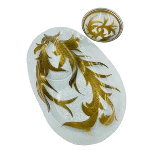 Vintage Dorothy Thorpe "Gold Scroll" Motif Oblong Textured Glass Tray & Corresponding Bowl- 2 Pieces