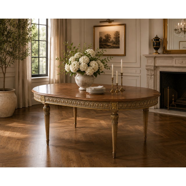 This exceptional antique dining table, likely from the 1910s–1920s, embodies neoclassical elegance with a richly figured...
