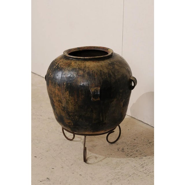 Early 20th Century Guatemalan Ceramic Jar on Custom Scrolled Stand with Patina & Warm Hues For Sale - Image 4 of 10