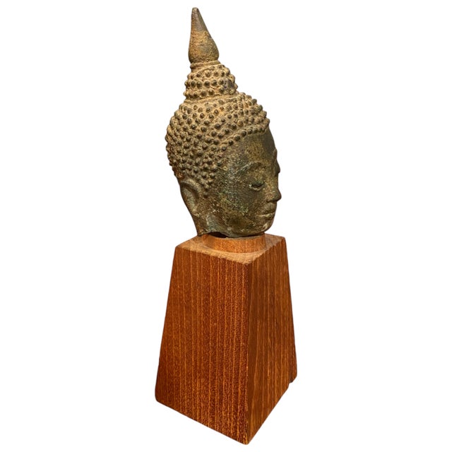 Asian Antique Antique Thai Bronze Buddha Head Statue Ayutthaya Rattanakosin Style on Stand 8" For Sale - Image 3 of 12