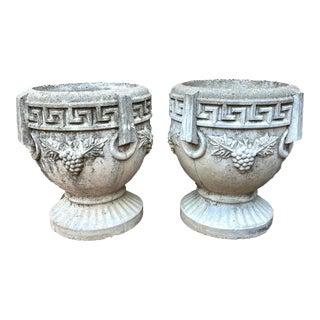 Vintage Concrete Greek Key and Grape Motif Planters - a Pair For Sale