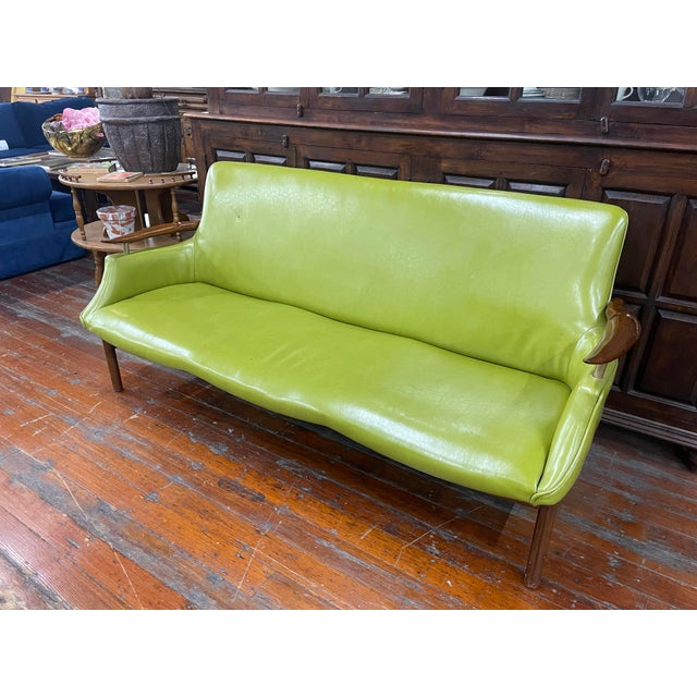 Mid-Century Modern MCM Danish-Style Avocado Green Faux Leather Settee For Sale - Image 3 of 9