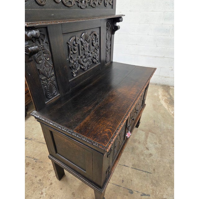 Unique 19th Century Oak Carved English Sideboard/Buffet With Tall Back For Sale - Image 11 of 11