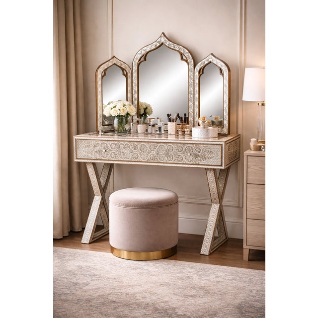 1990s 1990s Mother of Pearl Inlaid Makeup Vanity With 3 Mirrors For Sale - Image 5 of 5
