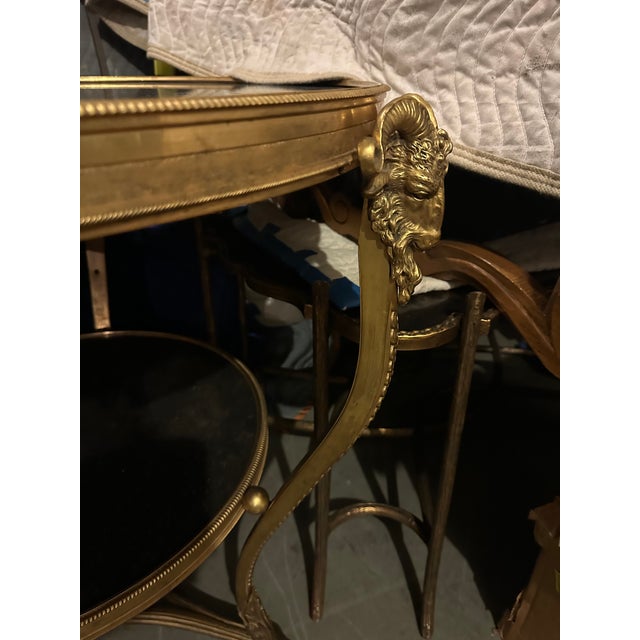 1980s Pair of French Doré Bronze Attributed to Gueridons With Rams' Heads and Belgian Marble Tops – Directoire Style For Sale - Image 9 of 12