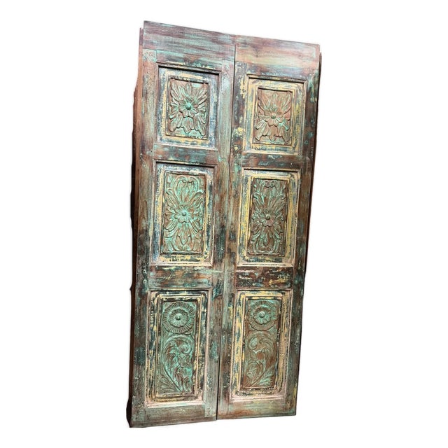 Antique Green Floral Double Doors Rustic Sliding Barn Doors 80x35 For Sale