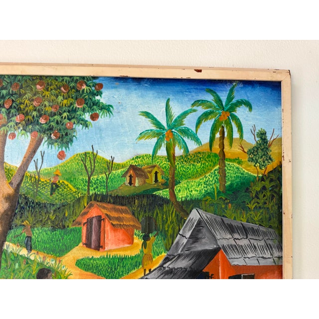 1970s Vintage Haitian Folk Art Landscape Oil Painting by F. Faramon For Sale - Image 9 of 12