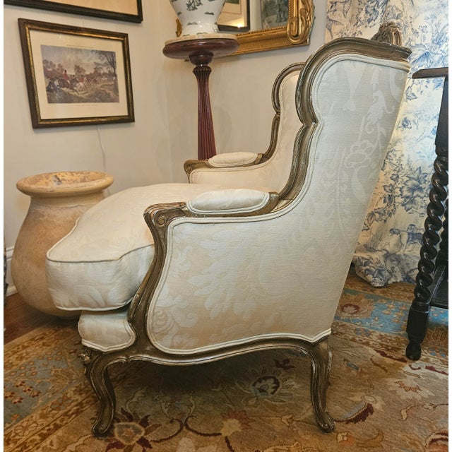 Cream Late 19th Century Pair of French-Style Louis XV Bergere Chairs and an Ottoman For Sale - Image 8 of 18
