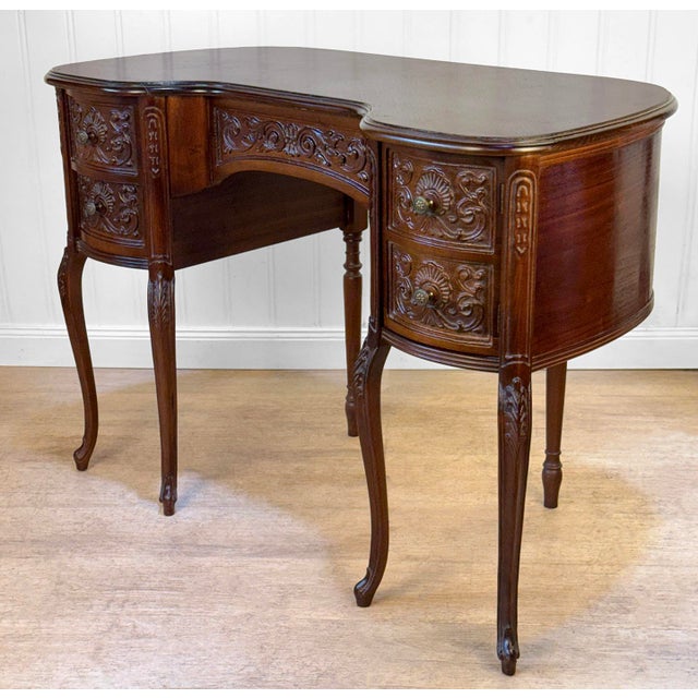 French Vintage French Mahogany Carved Kidney Writing Vanity Desk For Sale - Image 3 of 12