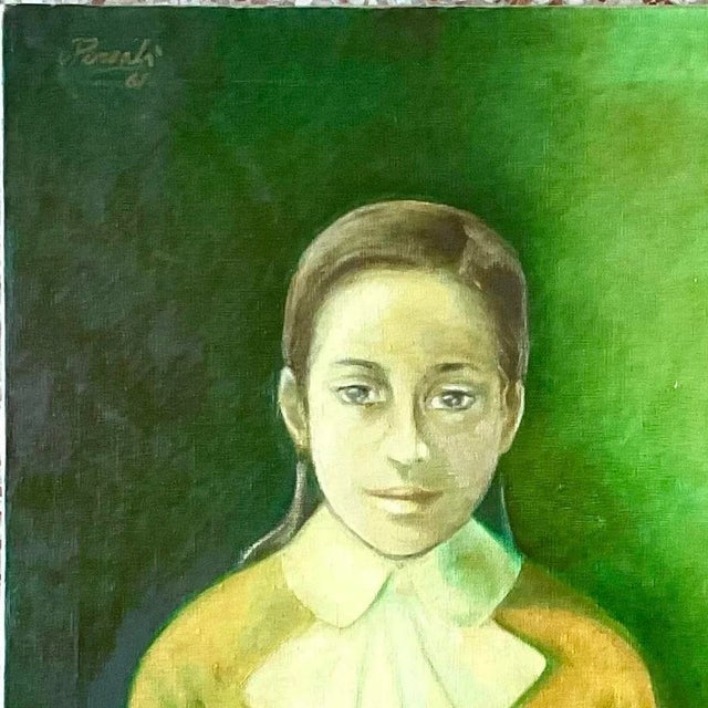 Vintage 1960s Italian Green-Toned Portrait Oil Painting For Sale - Image 12 of 14
