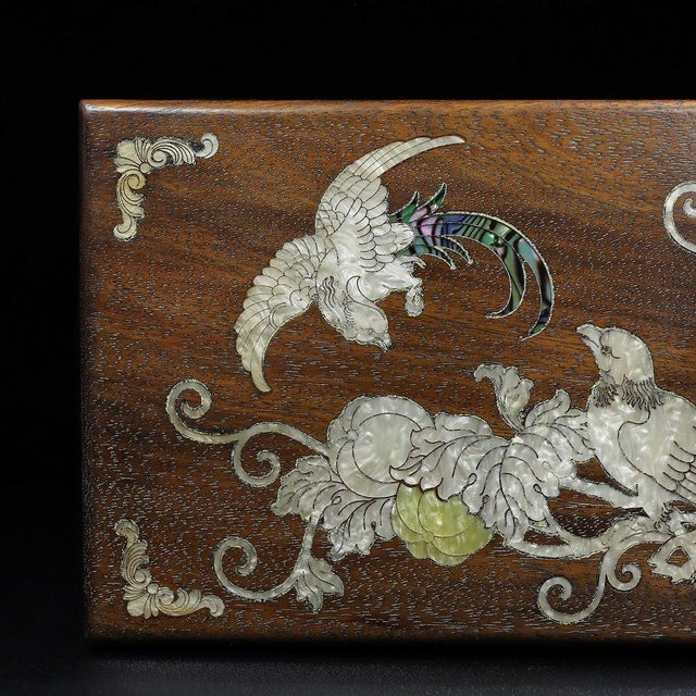 Wood Vintage Chinese Huali Rosewood Box | Mother-of-Pearl Inlaid Bird & Flower Motif For Sale - Image 7 of 10