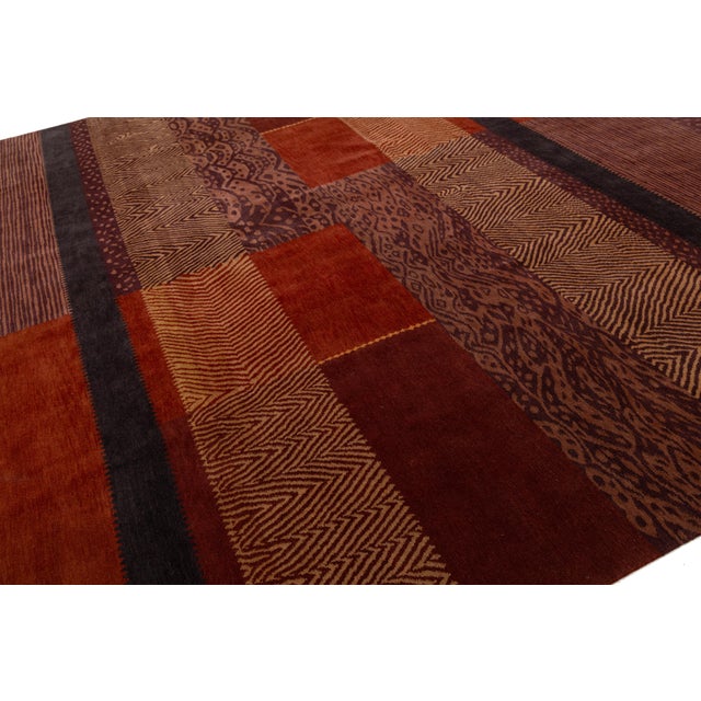 Modern Tibetan Hand-Knotted Wool & Silk Rug With Patchwork Design in Red Tones For Sale - Image 4 of 10