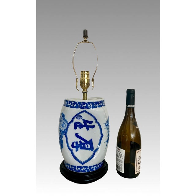 Vintage Chinese 'Opium Pillow' Blue and White Porcelain Bedside Lamp / Table Lamp For Sale - Image 9 of 10