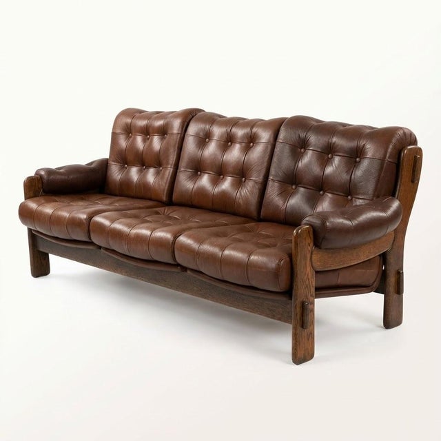 Three-Seater Leather Sofa with Brown Tufting, 1970s For Sale - Image 6 of 6