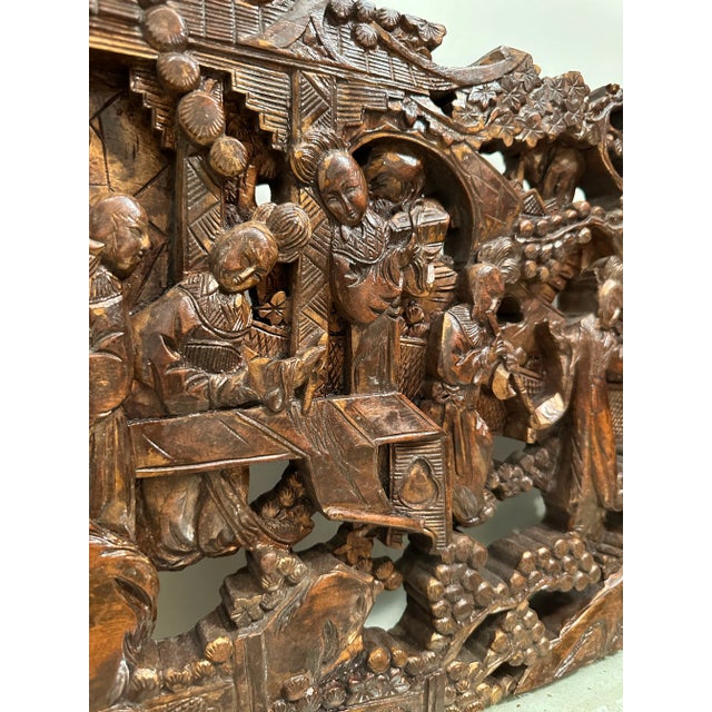 Brown Antique Asian Hand-Carved Wall Art Wood Sculpture Fine Art Scenes For Sale - Image 8 of 12