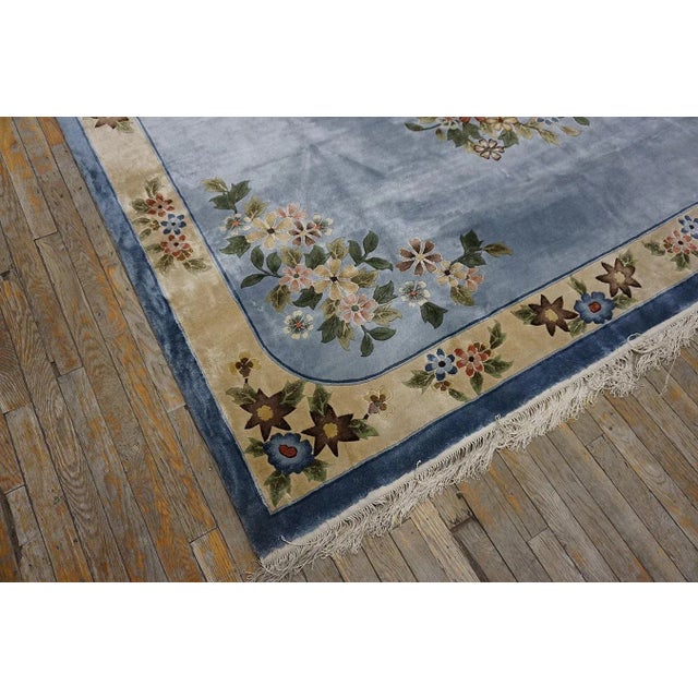1980s Ligth Blue Floral Vintage Silk Chinese Art Deco Carpet 6'2" X 9' Handknotted Rug For Sale - Image 12 of 12