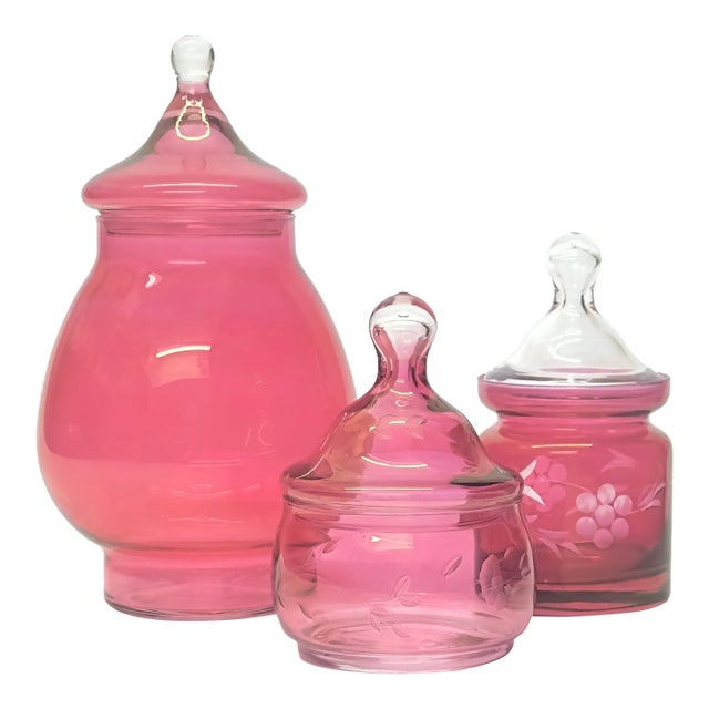 Cranberry Lidded Glass Storage Container Curation - Group of 3 For Sale