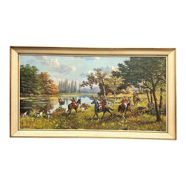 1950s Traditional French Hunting Scene Large Original Oil Painting on Board, Sporting Art by A. Labarde From Loire Valley, 27’’ X 49.5’’ For Sale