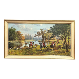 1950s Traditional French Hunting Scene Large Original Oil Painting on Board, Sporting Art by A. Labarde From Loire Valley, 27’’ X 49.5’’