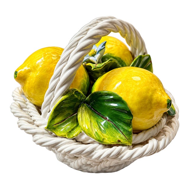 Italian Ceramic Lemon Basket With Braided Handle, Made in Italy For Sale