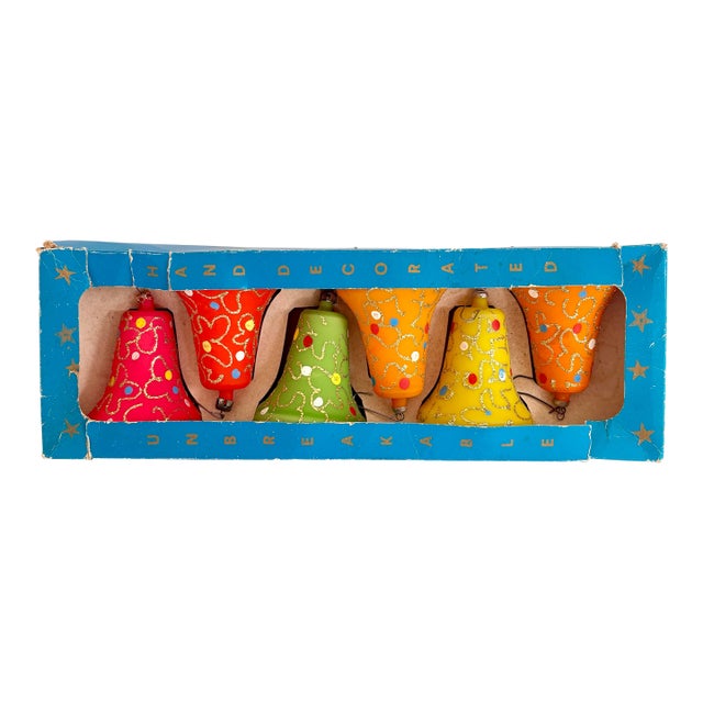 Rare 1960s Kurt Adler Italian Hand-Decorated Bell Ornaments, Boxed Set of 6 For Sale