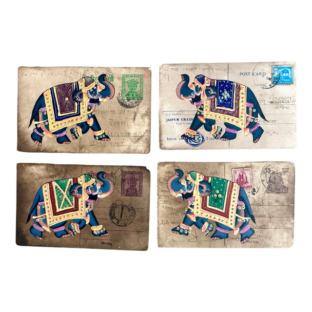 Mid 20th Century Vintage Indian Elephant Hand Painted Rajasthani Paper Postcard, Set of Four For Sale