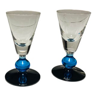Pair of Vintage Fluted Cobalt & Clear Aperitif Cordial Glasses Ball Stems For Sale