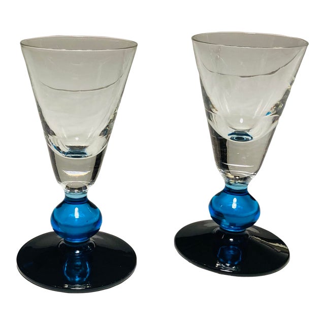 Pair of Vintage Fluted Cobalt & Clear Aperitif Cordial Glasses Ball Stems For Sale