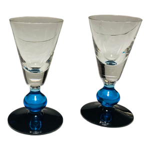 Pair of Vintage Fluted Cobalt & Clear Aperitif Cordial Glasses Ball Stems