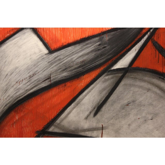Abstract painting with geometric forms in grey tones with a red background. The work is from the Davis / McClain Gallery....