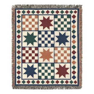 Folk Art Star Woven Throw Blanket – Checkerboard Patchwork, 60 × 50 For Sale